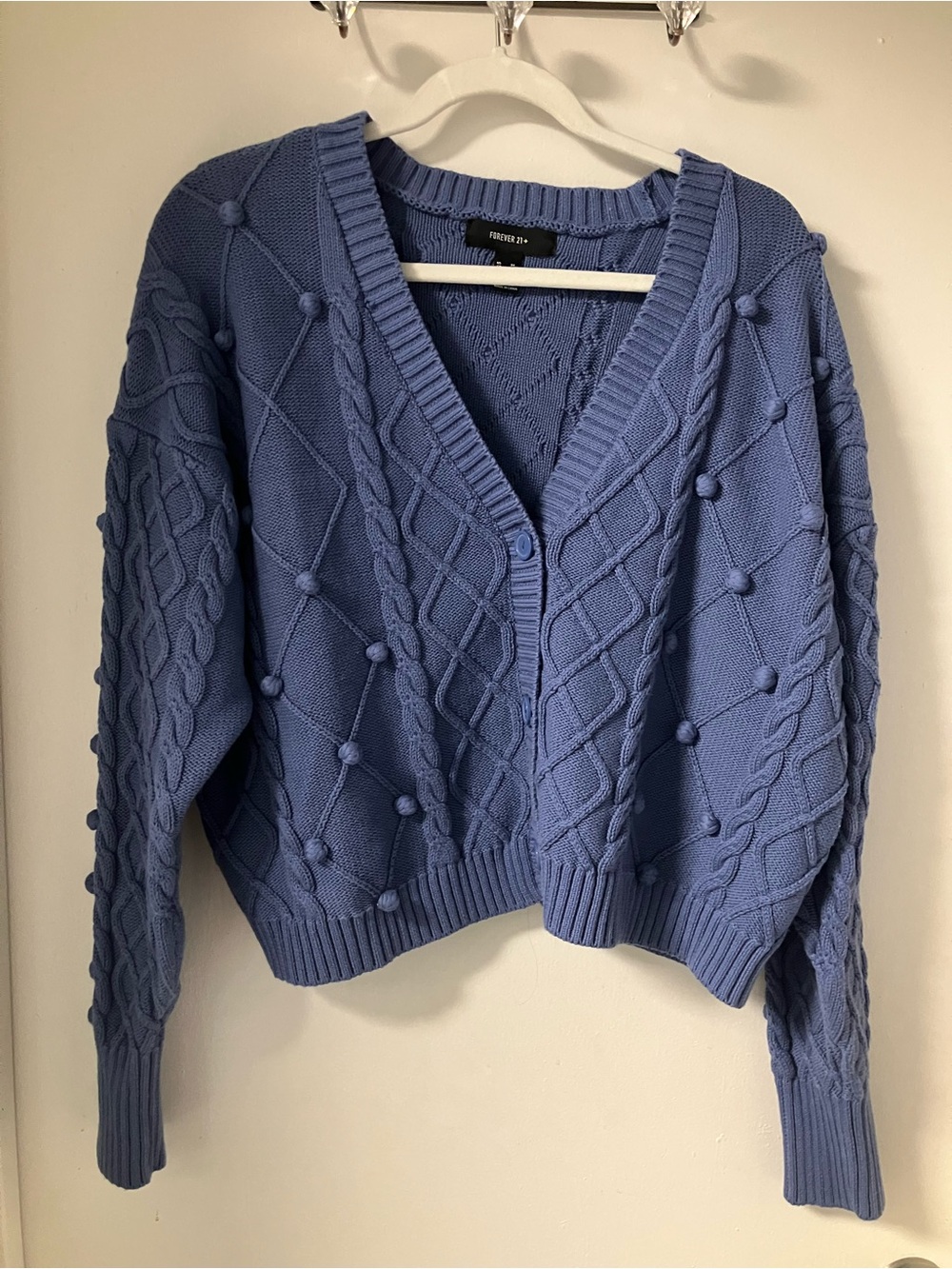 Forever 21 Lavender Blue Cable Knit Pom Pom Cardigan